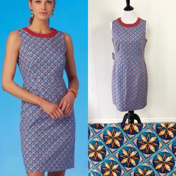 NicoBlu Coralie Sheath Dress Beaded Neckline Size 10 Shell Print Blue NEW $298 - Picture 1 of 16
